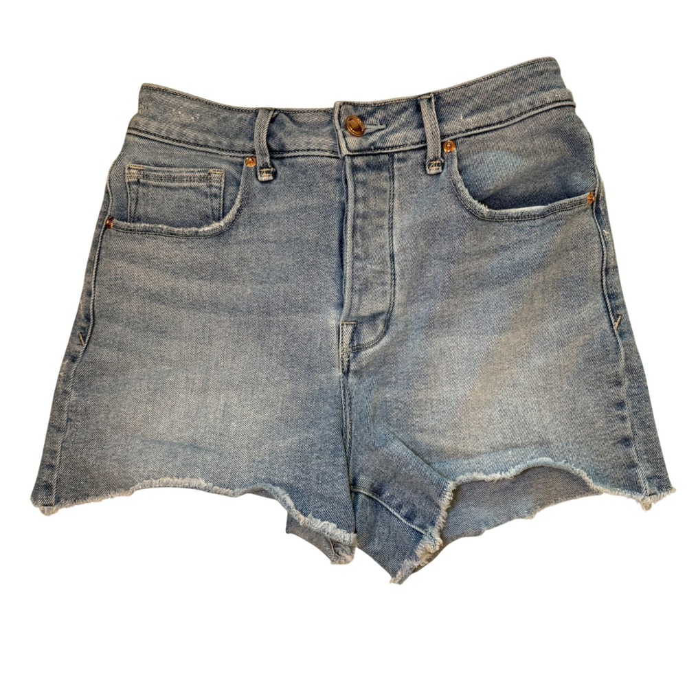 Good American Denim Shorts Womens 4/27 Light Blue Excellent High Rise Frayed Hem